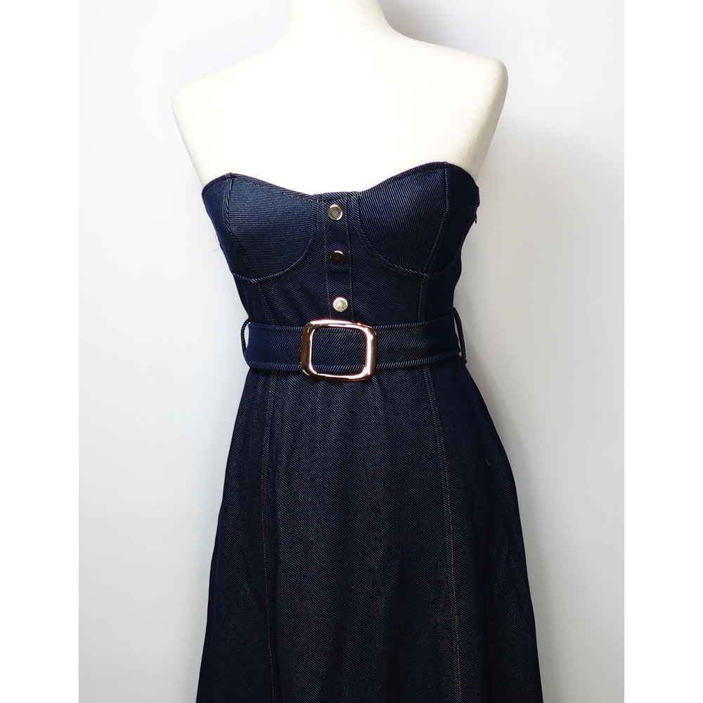 Zara Strapless Denim Midi Dress Dark Wash Belted Corset Bodice Indigo Blue